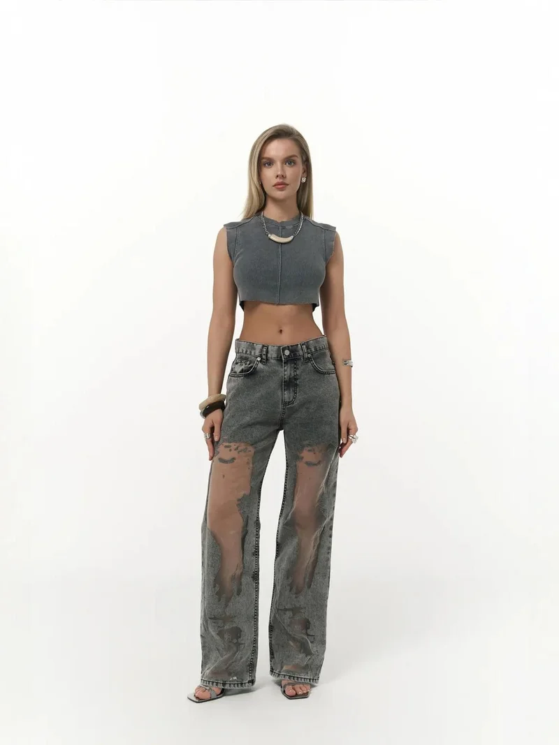 ماي كولكشن MAI STUDIOS Mid-Waist Wide-Leg Cotton Jeans