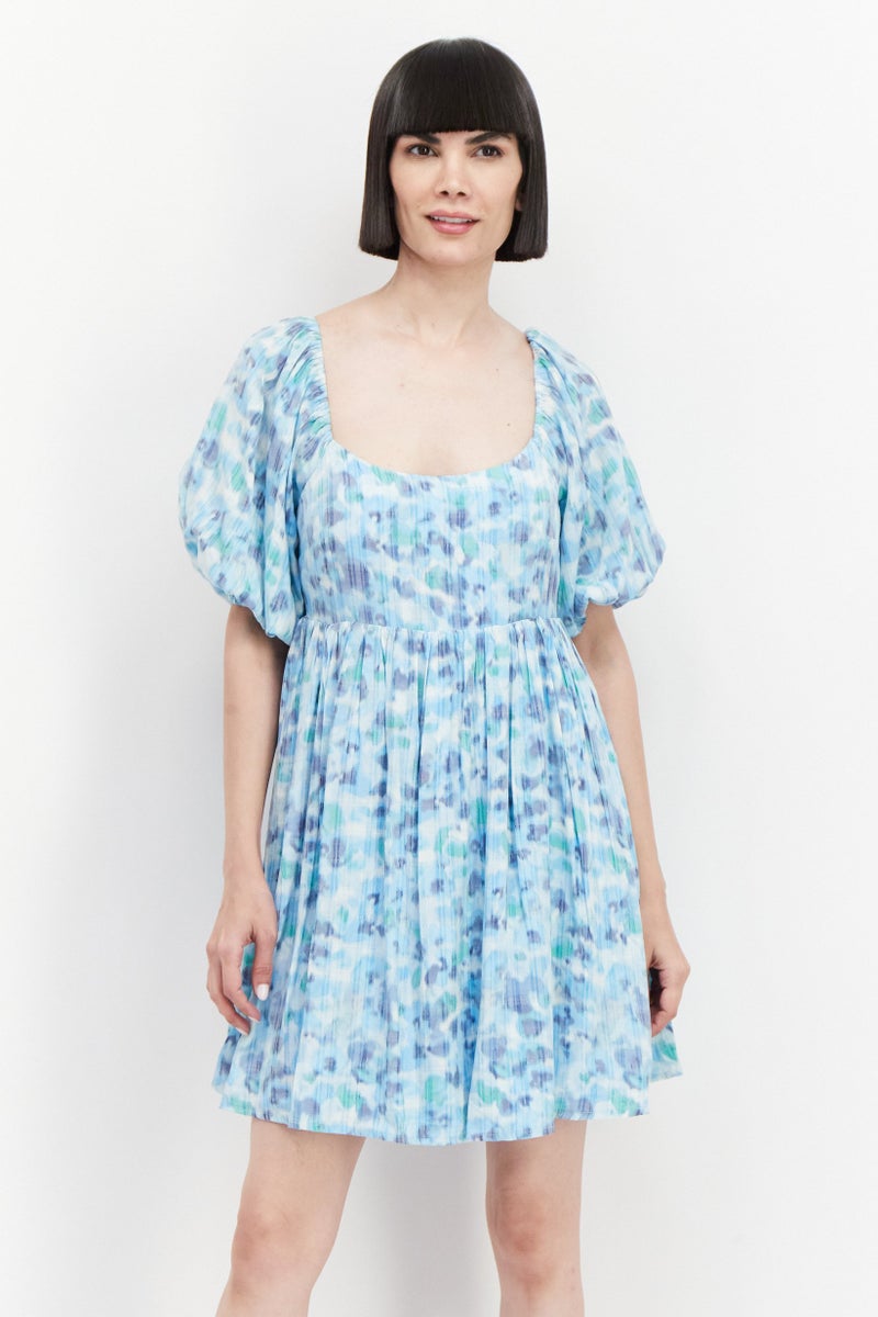 BCBGeneration Women Allover Print Mini Dress, Sky Blue Combo - Image 1