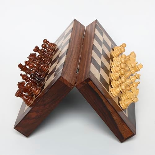 INUS Handcrafted Wooden Chess Set with Magnetic Board - Folding Storage Case, Premium Chess Pieces, Gift for Chess Lovers Adults & Kids - 10x10x3inch - Image 4