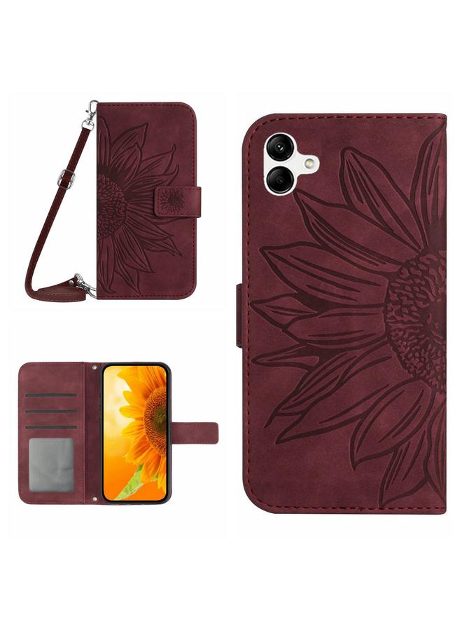 Green Tiger For Samsung Galaxy A06 4G Skin Feel Sun Flower Embossed Flip Leather Phone Case with Lanyard(Wine Red)