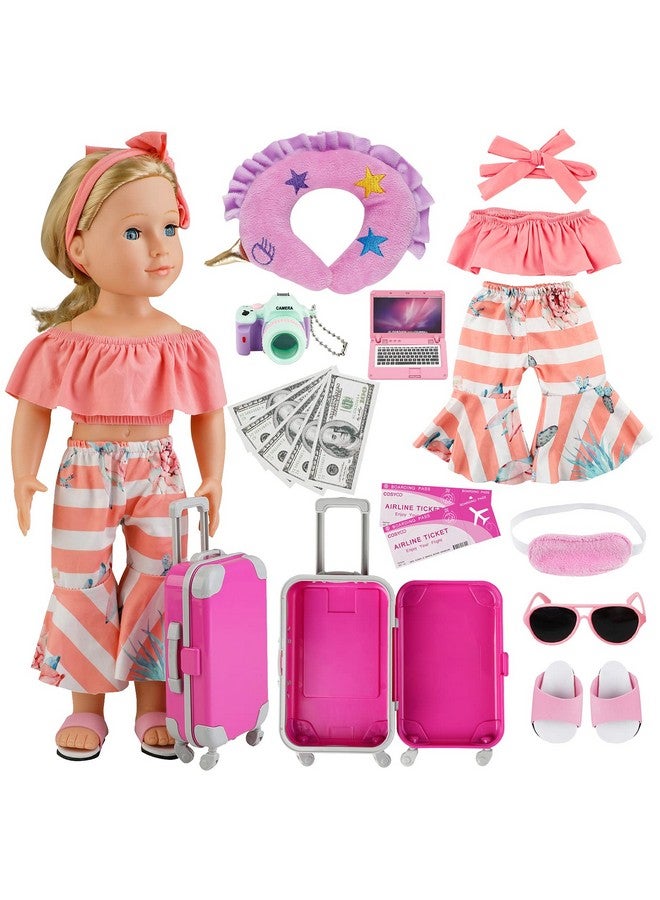 COSYOO 17 Pcs Doll Travel Set Suitcase American Doll Accessories For Girl 18 Inch Including Suitcase Luggage A Set Of Clothes Slippers Sunglasses Camera Laptop Unicorn Pillow Blindfold - Image 2