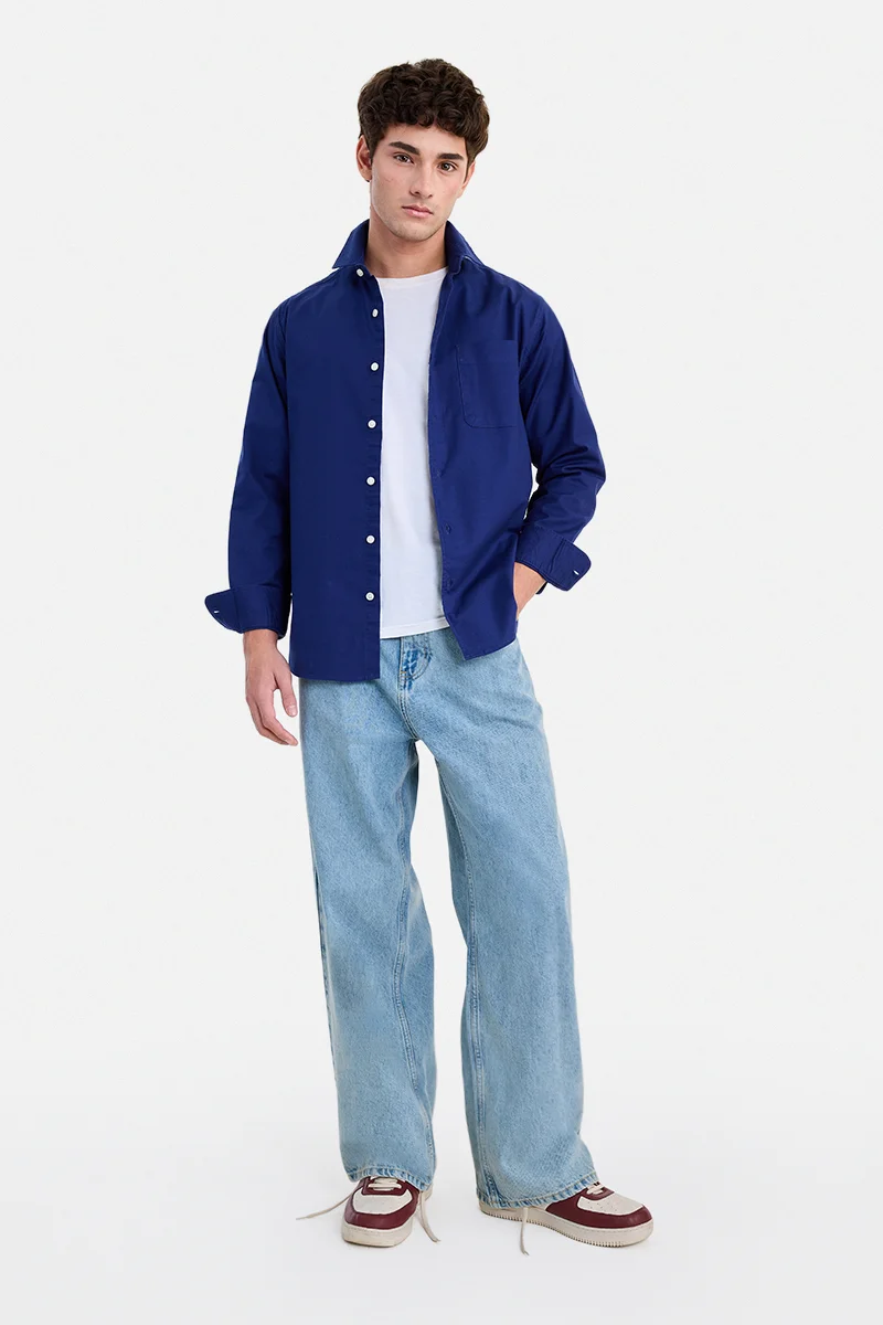 SNITCH Navy Blue Solid Long Sleeve Regular Fit Casual Shirt