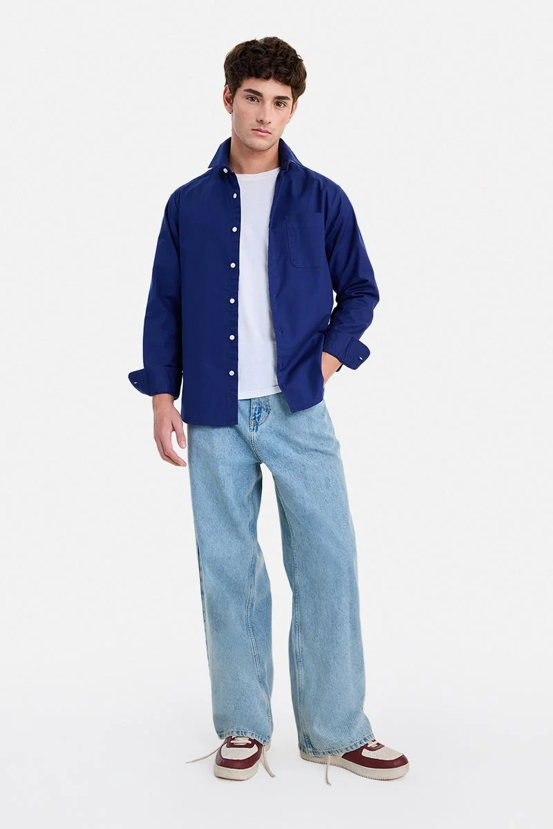 سنيتش Navy Blue Solid Long Sleeve Regular Fit Casual Shirt