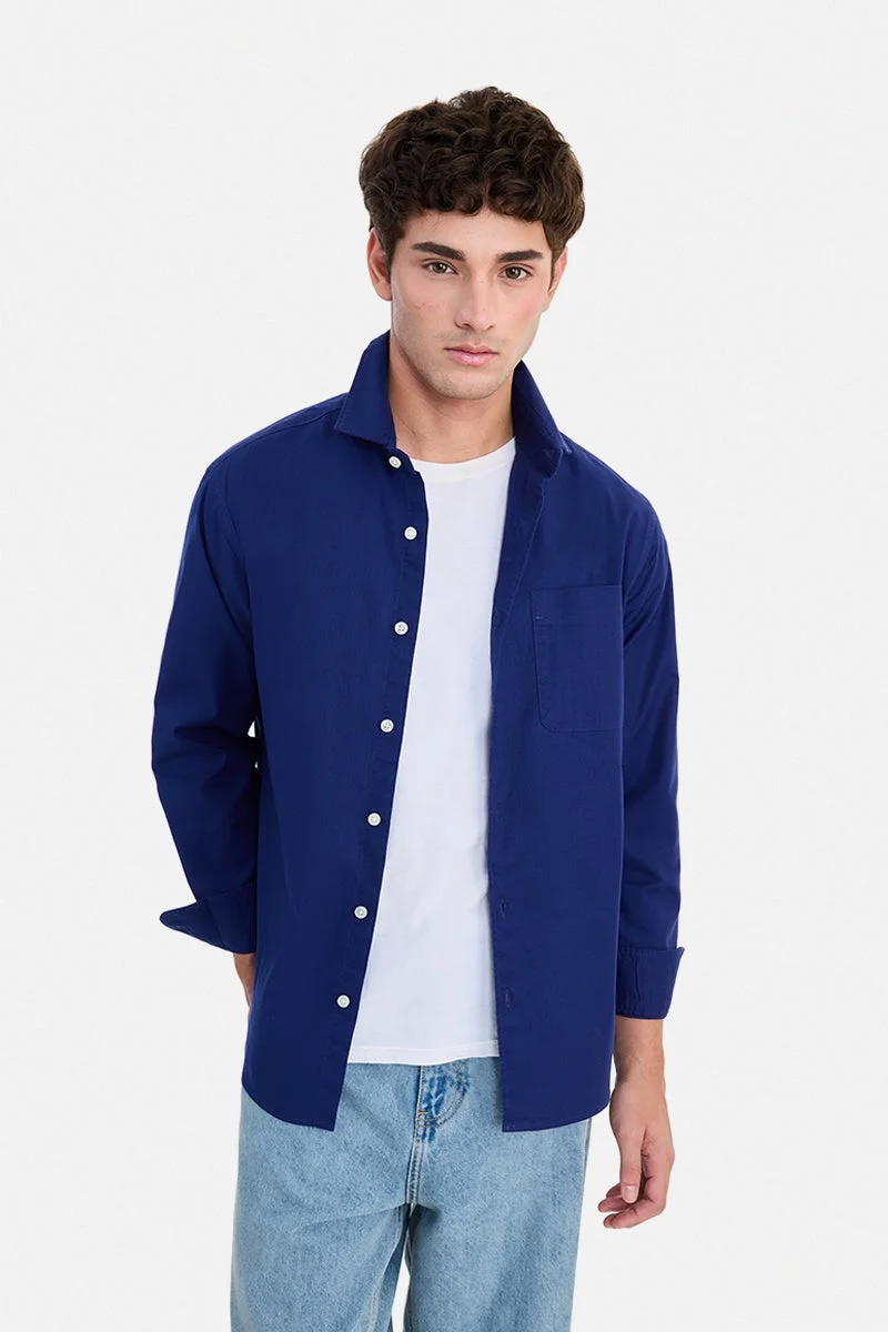 سنيتش Navy Blue Solid Long Sleeve Regular Fit Casual Shirt