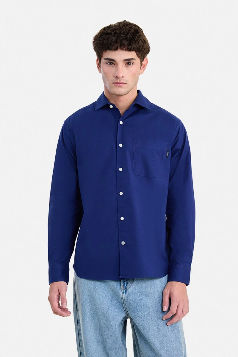 SNITCH Navy Blue Solid Long Sleeve Regular Fit Casual Shirt