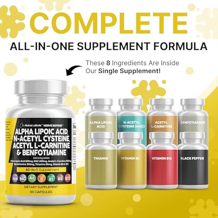 Clean Nutraceuticals Alpha Lipoic Acid 600mg N-Acetyl Cysteine 600mg Acetyl L-Carnitine 500mg Benfotiamine 300mg - Nerve Support Supplement for Women and Men with Vitamin B1 B6 & B12 - Made in USA 90 Caps - Image 2