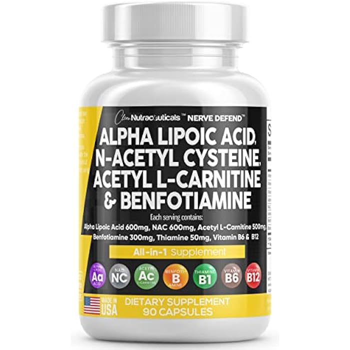 Clean Nutraceuticals Alpha Lipoic Acid 600mg N-Acetyl Cysteine 600mg Acetyl L-Carnitine 500mg Benfotiamine 300mg - Nerve Support Supplement for Women and Men with Vitamin B1 B6 & B12 - Made in USA 90 Caps - Image 1