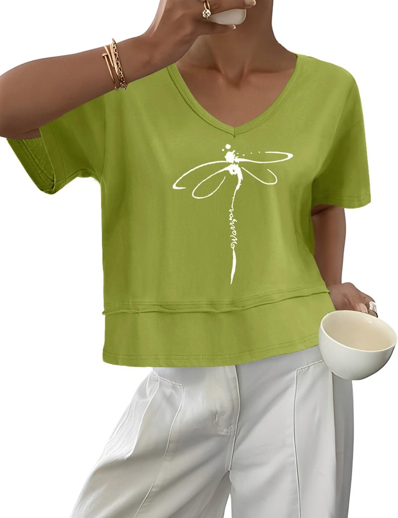 LOMON Womens V Neck Cotton T Shirts Summer Casual Cute Short Sleeve Flowy Fashion Tops Loose Fit Basic Tees Green L - Image 4