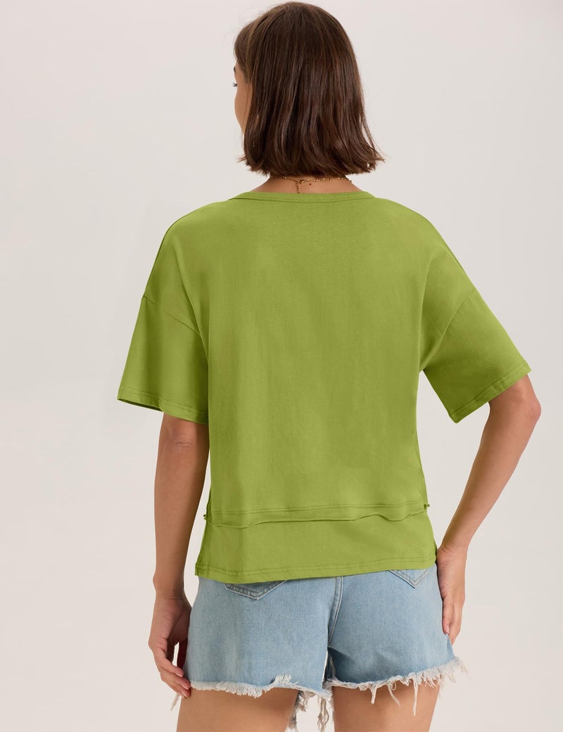 LOMON Womens V Neck Cotton T Shirts Summer Casual Cute Short Sleeve Flowy Fashion Tops Loose Fit Basic Tees Green L - Image 3