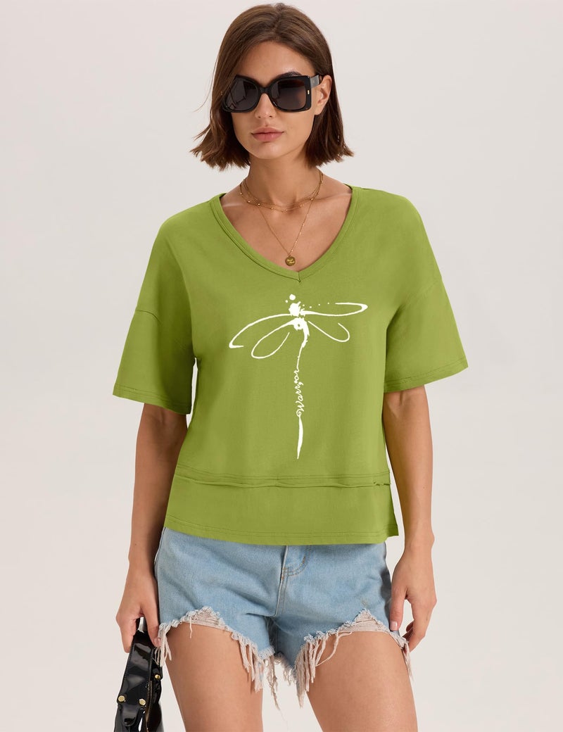 LOMON Womens V Neck Cotton T Shirts Summer Casual Cute Short Sleeve Flowy Fashion Tops Loose Fit Basic Tees Green L - Image 5