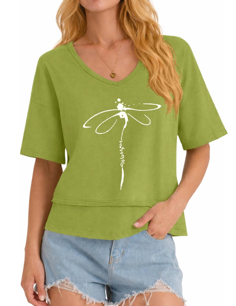 LOMON Womens V Neck Cotton T Shirts Summer Casual Cute Short Sleeve Flowy Fashion Tops Loose Fit Basic Tees Green L - Image 2