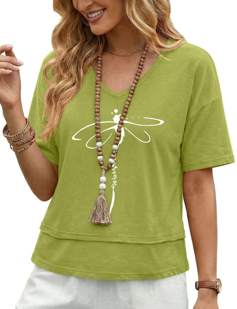 LOMON Womens V Neck Cotton T Shirts Summer Casual Cute Short Sleeve Flowy Fashion Tops Loose Fit Basic Tees Green L - Image 1