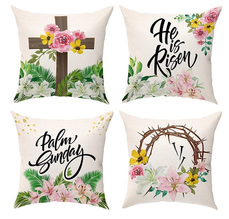 He is Risen Easter Religious Pillow Covers 18x18 Inches Cross Thorns Pillow Covers Burlap Decorative Cushion  Throw Pillows Cases for Easter Home Sofa Couch