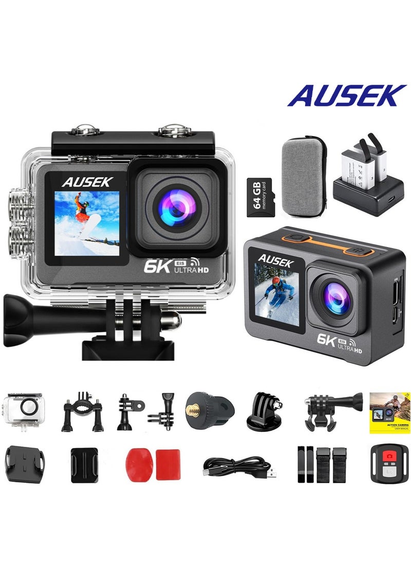 AUSEK 6k30FPS 50MP Action Camera with 2 Batteries, Sports Camera 30M Waterproof Underwater Camera, Dual Touch Screen WiFi Remote Control Sport Video Recorder, Digital Video Camera with EIS, 64G TF Card  - Image 1