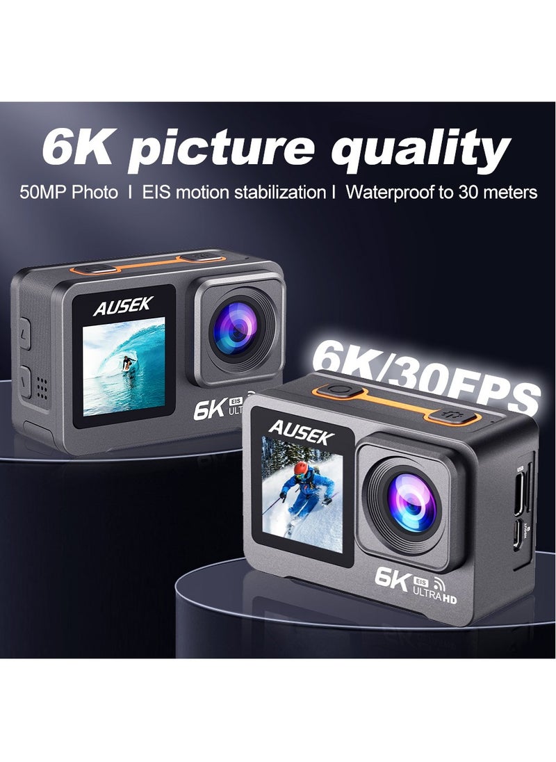 AUSEK 6k30FPS 50MP Action Camera with 2 Batteries, Sports Camera 30M Waterproof Underwater Camera, Dual Touch Screen WiFi Remote Control Sport Video Recorder, Digital Video Camera with EIS, 64G TF Card  - Image 2
