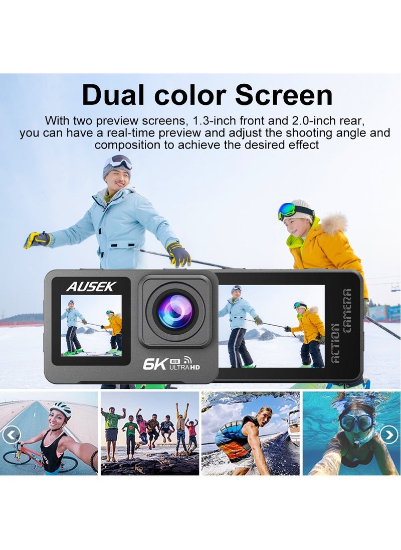 AUSEK 6k30FPS 50MP Action Camera with 2 Batteries, Sports Camera 30M Waterproof Underwater Camera, Dual Touch Screen WiFi Remote Control Sport Video Recorder, Digital Video Camera with EIS, 64G TF Card  - Image 3