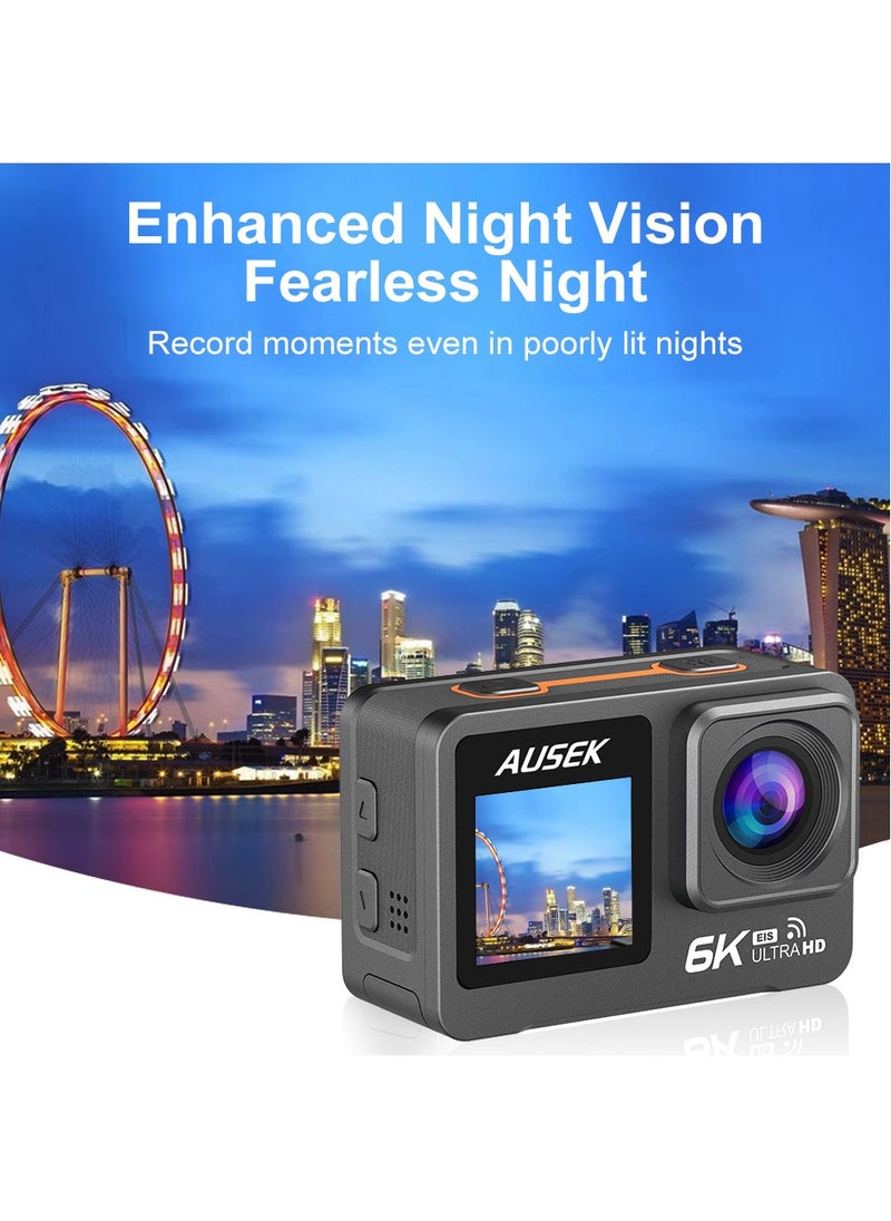 AUSEK 6k30FPS 50MP Action Camera with 2 Batteries, Sports Camera 30M Waterproof Underwater Camera, Dual Touch Screen WiFi Remote Control Sport Video Recorder, Digital Video Camera with EIS, 64G TF Card  - Image 4