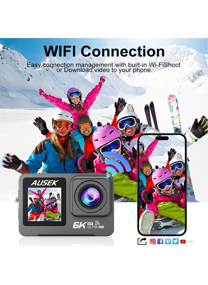AUSEK 6k30FPS 50MP Action Camera with 2 Batteries, Sports Camera 30M Waterproof Underwater Camera, Dual Touch Screen WiFi Remote Control Sport Video Recorder, Digital Video Camera with EIS, 64G TF Card  - Image 5
