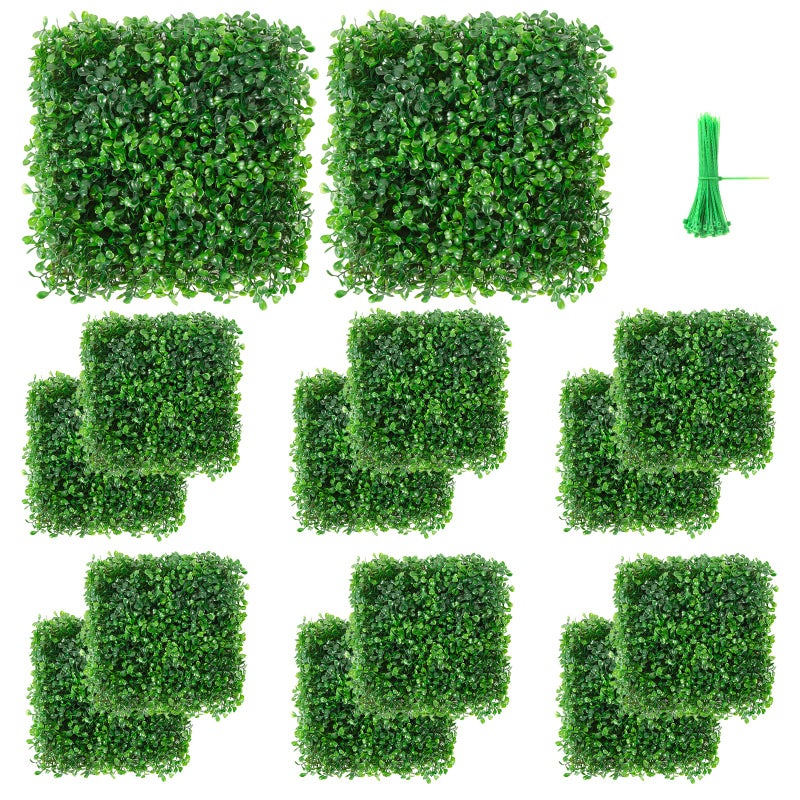 Vevitts 12 Packs 10x10 Artificial Boxwood Hedges Mat with Cable Ties Grass Wall Panels UV Privacy Fence Screen Greenery Panel for Indoor  Outdoor Decor