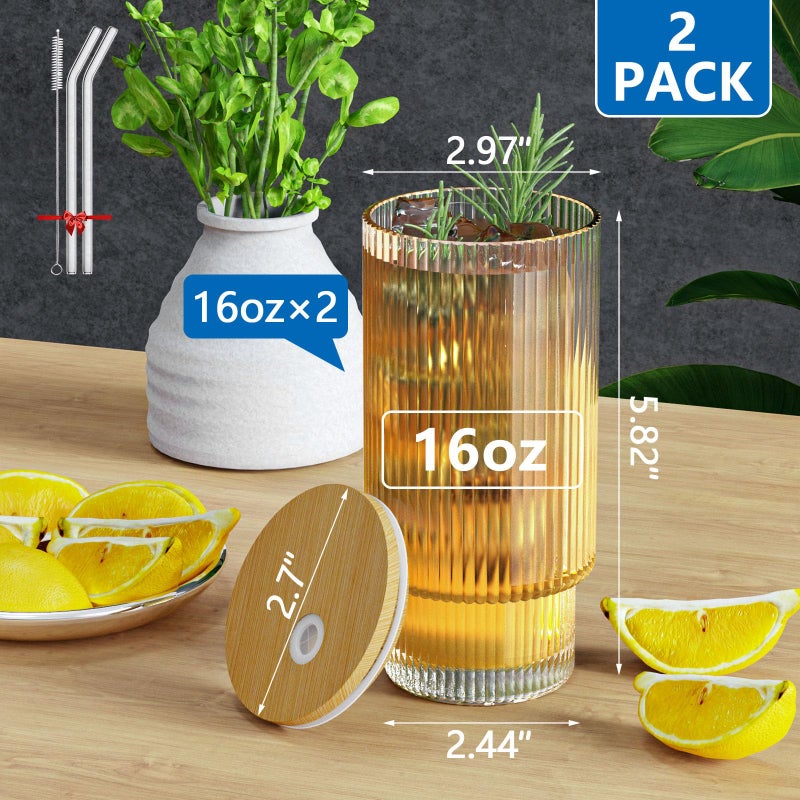 CWHHRN 16OZ Glass Cups with Lids and Straws, Vintage Glassware for Whiskey Cocktail Beer, Iced Coffee Cups with Lid, Glass Tumbler with Straw and Lid (2 PACK) - Image 2