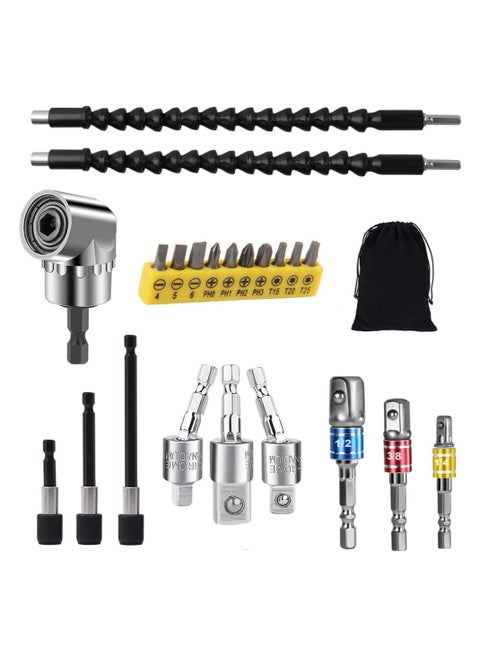 Flexible Drill Bit Extension Set, 105° Right Angle Drill Attachment, 1/4 3/8 1/2In Hex Shank Impact Driver Socket Adapter Rotatable Socket, Bendable Drill Bit Extension Screwdriver Bit
