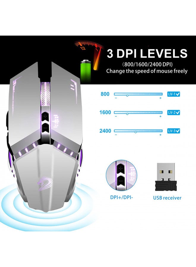TENMOS TENMOS T12 Wireless Gaming Mouse Rechargeable, 2.4G Silent Optical Wireless Computer Mice with Changeable LED Light Compatible with Laptop PC, 7 Buttons, 3 Adjustable DPI (Silver)  - Image 3