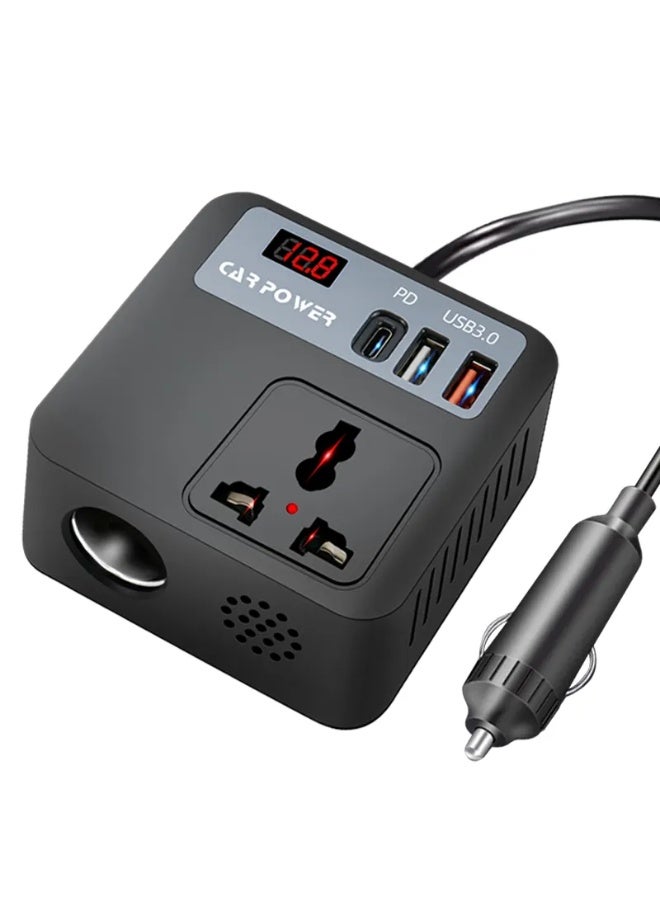 بلو فاير محول طاقة السيارة 4 في 1 بقدرة 200 واط | محول DC إلى AC لشحن اللابتوب والموبايل | كفاءة عالية 90% | تردد 50/60 هرتز | تصميم أسود مدمج للسفر والرحلات والطوارئ - Image 1