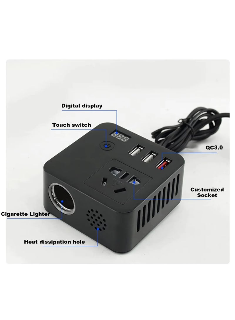 بلو فاير محول طاقة السيارة 4 في 1 بقدرة 200 واط | محول DC إلى AC لشحن اللابتوب والموبايل | كفاءة عالية 90% | تردد 50/60 هرتز | تصميم أسود مدمج للسفر والرحلات والطوارئ - Image 2