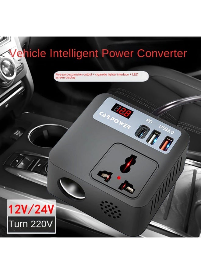 بلو فاير محول طاقة السيارة 4 في 1 بقدرة 200 واط | محول DC إلى AC لشحن اللابتوب والموبايل | كفاءة عالية 90% | تردد 50/60 هرتز | تصميم أسود مدمج للسفر والرحلات والطوارئ - Image 4