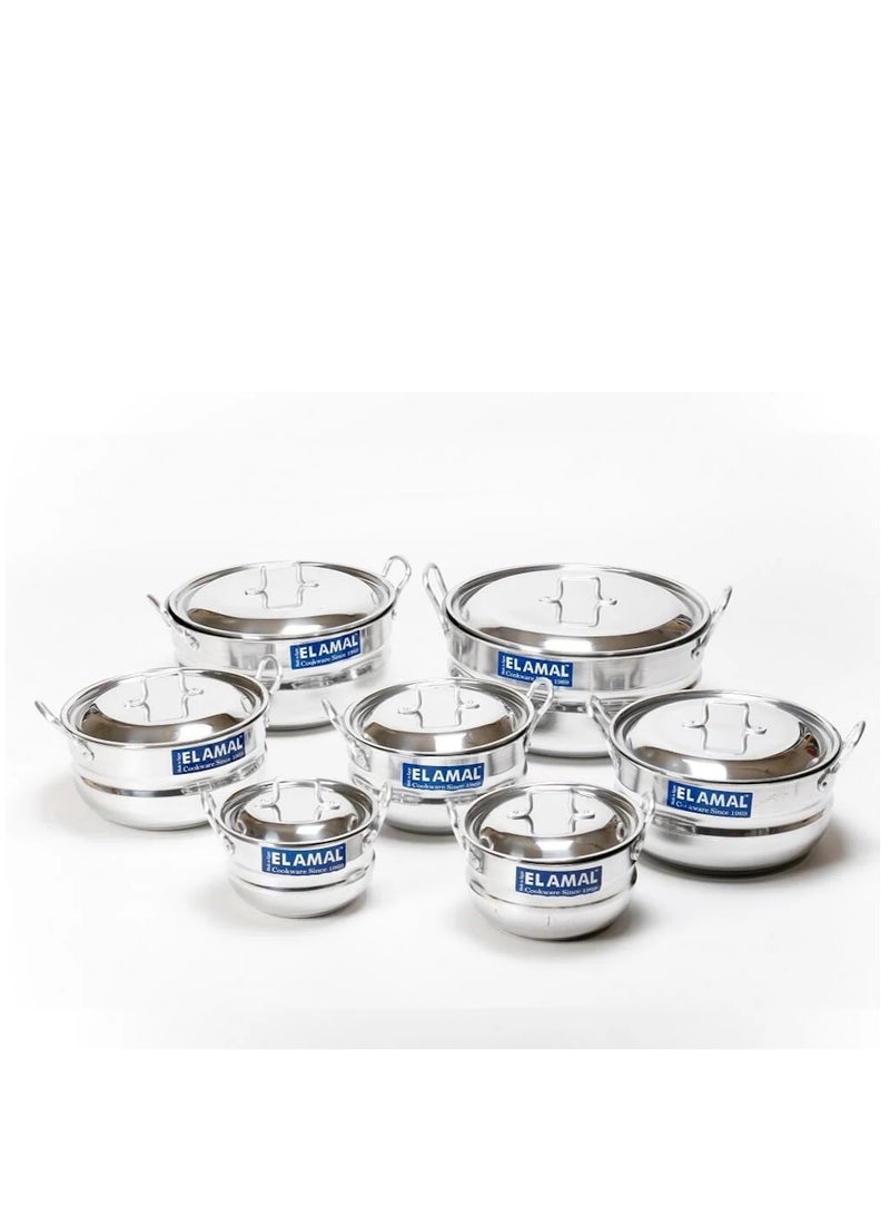 ELAMAL A set of aluminum pots from Al Amal consisting of 7 pots with two handles, Egyptian made, in various sizes including (16/18/20/22/24/28/30 cm), to meet the various cooking needs in your kitchen. - Image 1