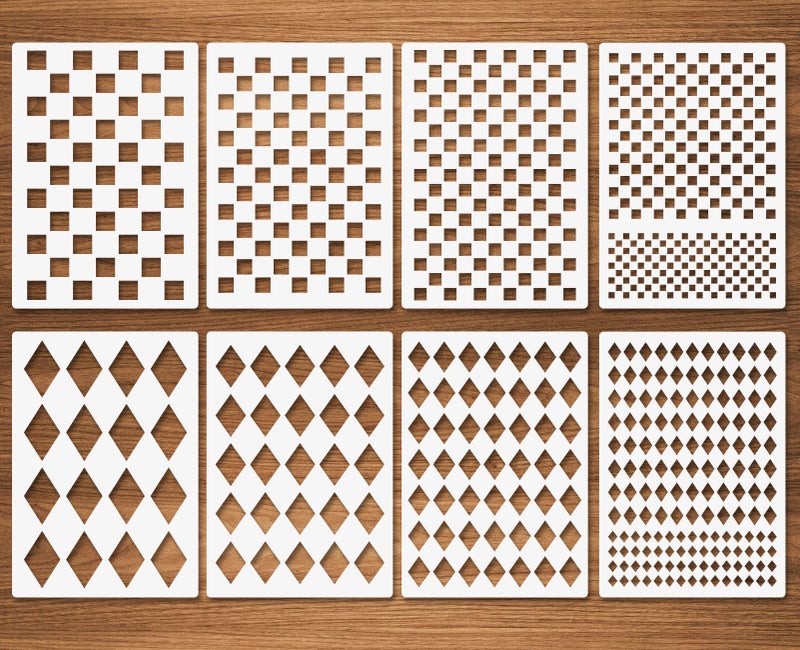 4 Pcs Checkerboard Stencils with 4 Pcs Harlequin Stencils 8 Pcs Checks  Diamonds Templates Repeating Shape Reusable Mylar Plastic Templates for Painting on Wood Pillows Wall Door A4 Size