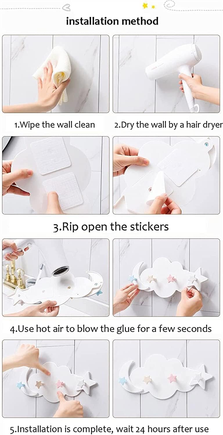 Delfino Moon Star Cloud Shape Wall Hooks, Nail- Free Creative Heavy Duty Clothes Hangers Keys Ring Holder Adhesive Wall Racks, for Kitchen, Kids Room, Living Room Decorative - 2 Pcs - Image 5