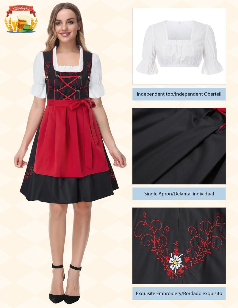 JASAMBAC Dirndl Dresses Women, 3 Piece Oktoberfest Costumes, German Bavarian Dress Halloween Carnival Outfits, Red XXL - Image 2
