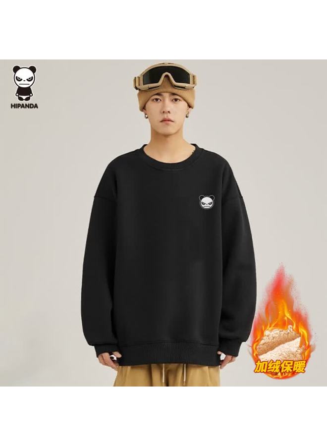 Hipanda Men's Sweatshirt  Autumn Winter Lamb Fleece Crewneck Fleece-lined Warm Solid Color Loose Trendy Top Black Fleece-lined M - Image 1