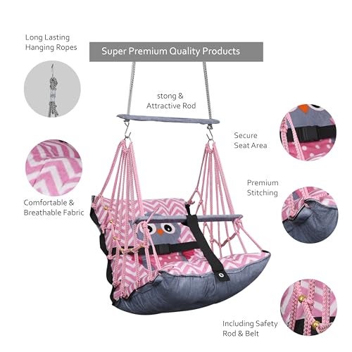 Sprointal® Swing for Kids Swing Cotton Baby Children Folding and Washable 1 to 5 Years Swing Gift Jhula with Safety Belt Easy to Carry & Fun Cradle Chair |Home Garden (Pink Night Owl) - Image 4