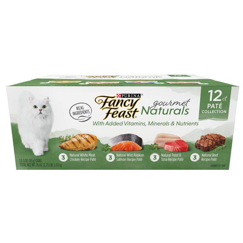 Fancy Feast Purina Fancy Feast Grain Free Wet Cat Food Pate Variety Pack Gourmet Naturalsâ€“Beef, Chicken, Salmon, Trout and Tuna - (2 Packs of 12) 3 oz. Cans - Image 1