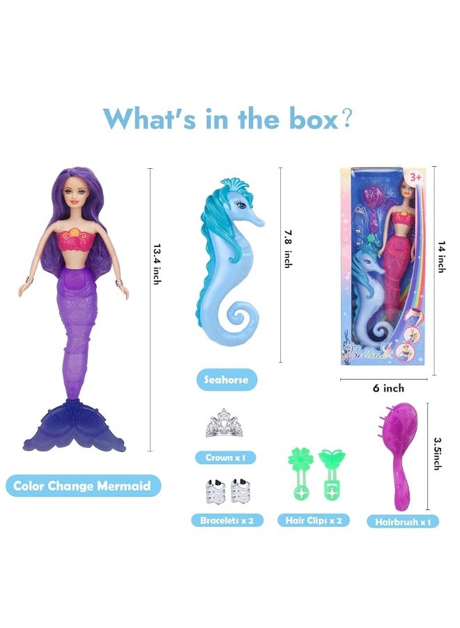 BETTINA Magical Color Changing Mermaid Doll, Princess Mermaid Toy with Seahorse & Dolls Accessories - Vibrant Purple Hair and Transforming Tail, Mermaid Gifts Toys for Girls Aged 3-7 - Image 2