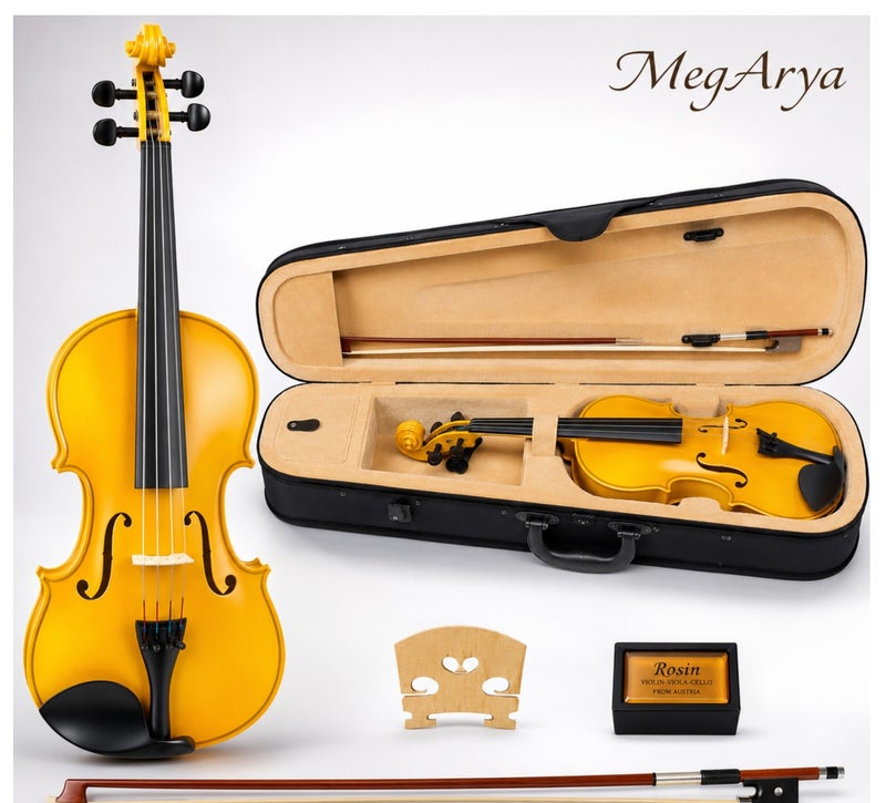 MegArya Glossy Yellow 4/4 Full Size Acoustic Violin for Adults & Kids | Handmade Indian Maple Wood Violin Set with Bow, Rosin & Carry Case | Beginner Student Professional