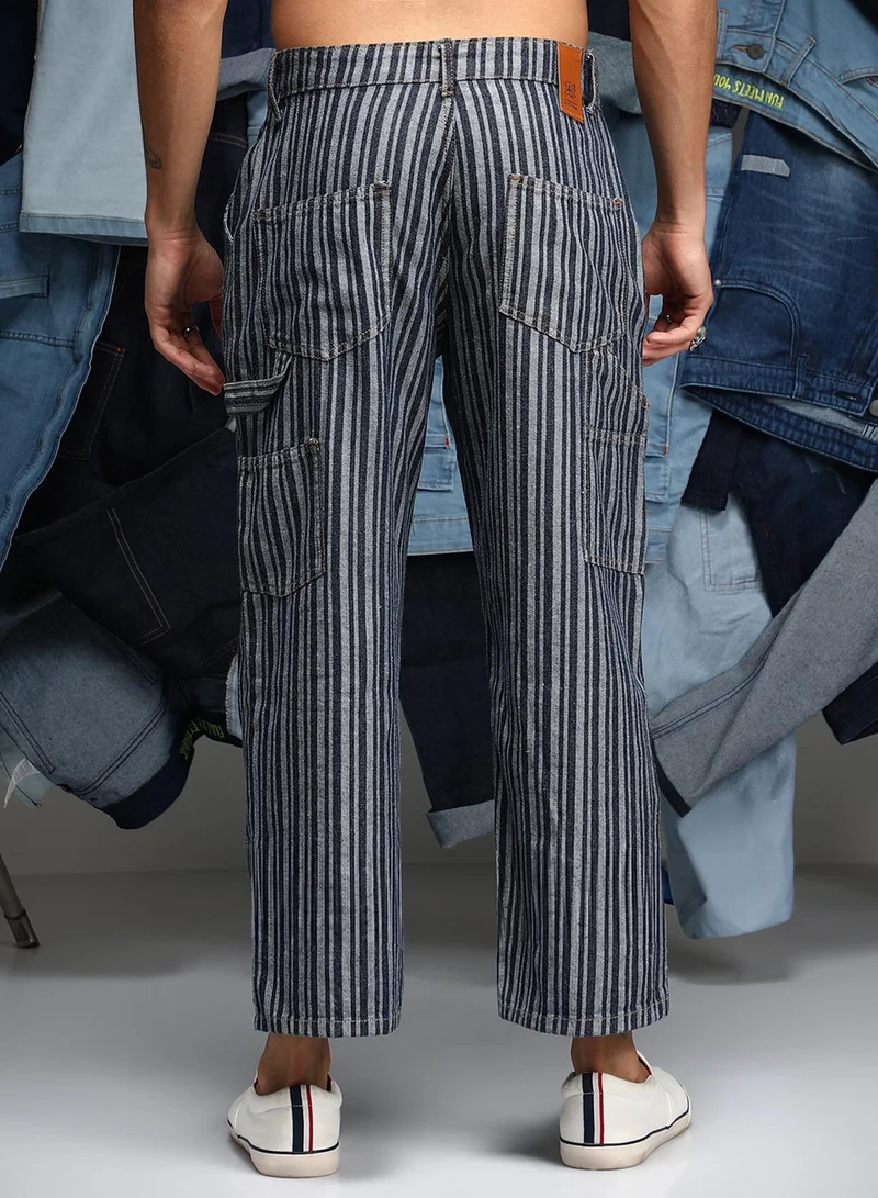 كامبوس سوترا Men's Navy Blue Striped Baggy Utility Denim Jeans