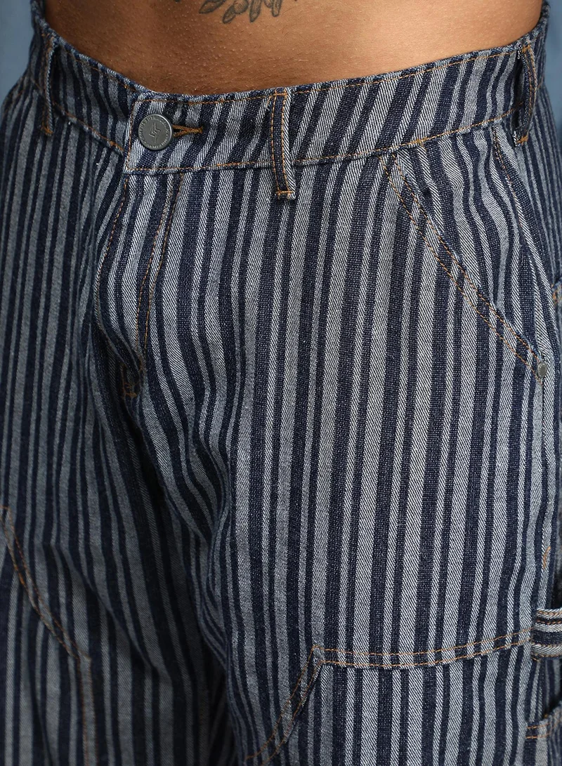 كامبوس سوترا Men's Navy Blue Striped Baggy Utility Denim Jeans