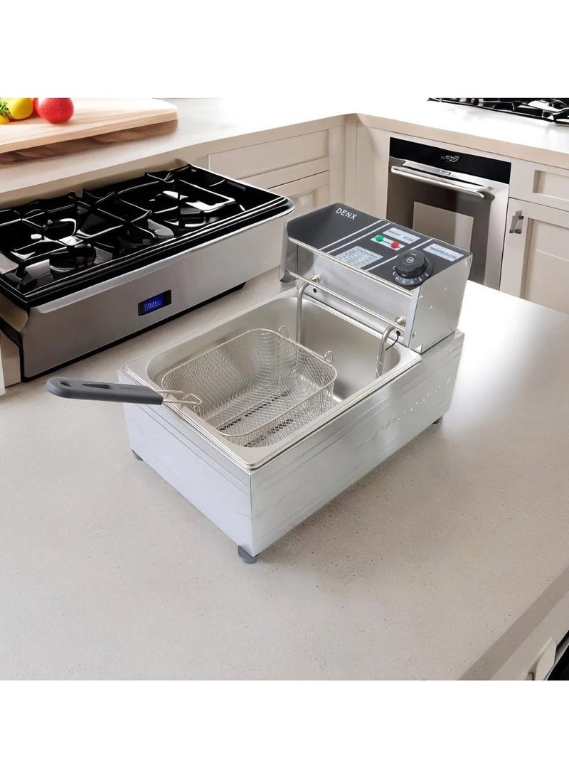 Denx Oil Fryer With A Capacity Of 6 Liters And A Power Of 2500 Watts, Professional Design With Heat-Resistant Handles And A Cover To Prevent Oil From Splashing, Made Of Stainless Steel - Image 1
