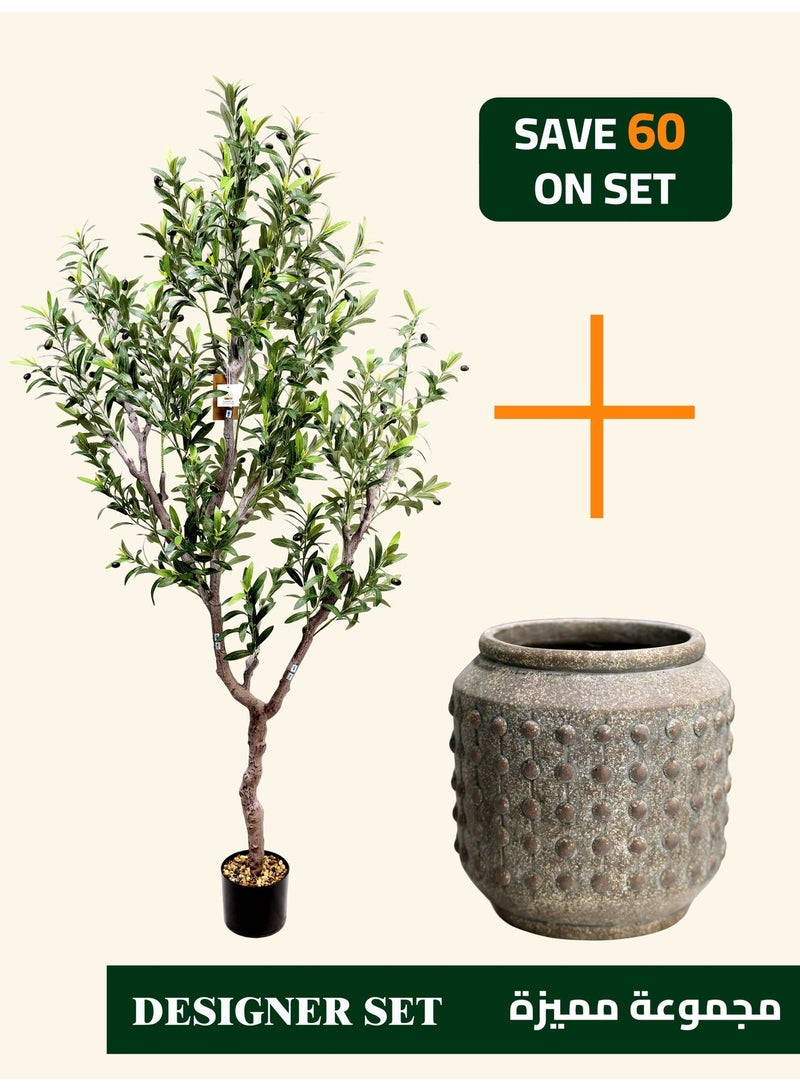 High-Quality Artificial Olive Tree (190cm) with Rounded Textured Cement Planter (30×30cm) – Space-Defining Focal Point for Large Interiors - Image 1