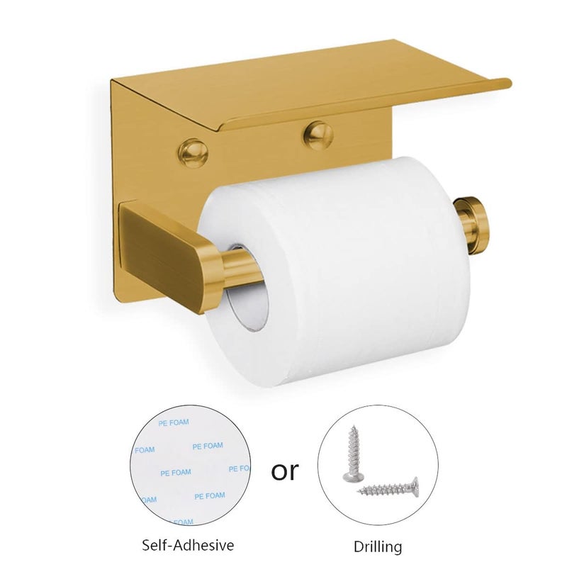 VAEHOLD VAEHOLD Self Adhesive Toilet Paper Holder with Phone Shelf Stainless Steel Wall Mounted Toilet Paper Roll Holder - Rustproof and Bathroom Washroom Tissue Roll Holder with Storage Shelf - Gold  - Image 3