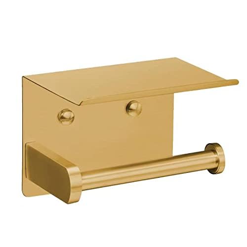 VAEHOLD VAEHOLD Self Adhesive Toilet Paper Holder with Phone Shelf Stainless Steel Wall Mounted Toilet Paper Roll Holder - Rustproof and Bathroom Washroom Tissue Roll Holder with Storage Shelf - Gold  - Image 2