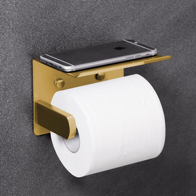 VAEHOLD VAEHOLD Self Adhesive Toilet Paper Holder with Phone Shelf Stainless Steel Wall Mounted Toilet Paper Roll Holder - Rustproof and Bathroom Washroom Tissue Roll Holder with Storage Shelf - Gold  - Image 4