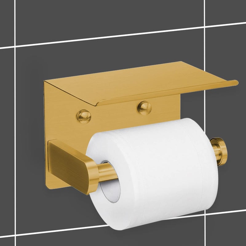 VAEHOLD VAEHOLD Self Adhesive Toilet Paper Holder with Phone Shelf Stainless Steel Wall Mounted Toilet Paper Roll Holder - Rustproof and Bathroom Washroom Tissue Roll Holder with Storage Shelf - Gold  - Image 5