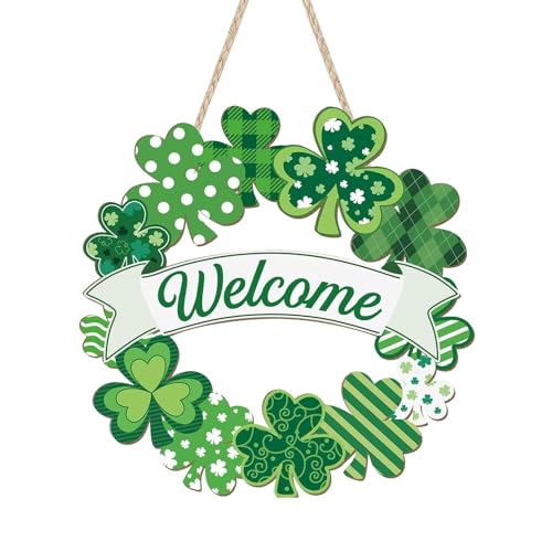 rosulasi St Patricks Day Wreaths for Front Door Decorations Welcome Irish Shamrock Door Sign Wood Wall Signs Clover Spring Saint Patricks Day Hanging Decor Indoor Outdoor for Home Office Party - Image 1