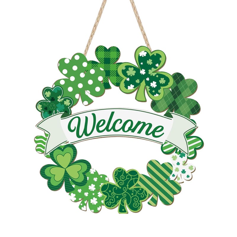 rosulasi St Patricks Day Wreaths for Front Door Decorations Welcome Irish Shamrock Door Sign Wood Wall Signs Clover Spring Saint Patricks Day Hanging Decor Indoor Outdoor for Home Office Party - Image 2