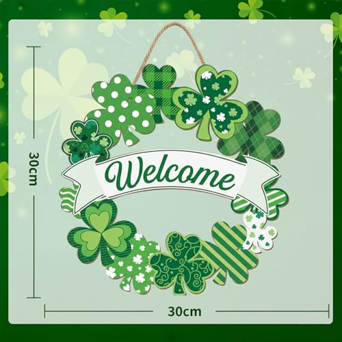 rosulasi St Patricks Day Wreaths for Front Door Decorations Welcome Irish Shamrock Door Sign Wood Wall Signs Clover Spring Saint Patricks Day Hanging Decor Indoor Outdoor for Home Office Party - Image 3
