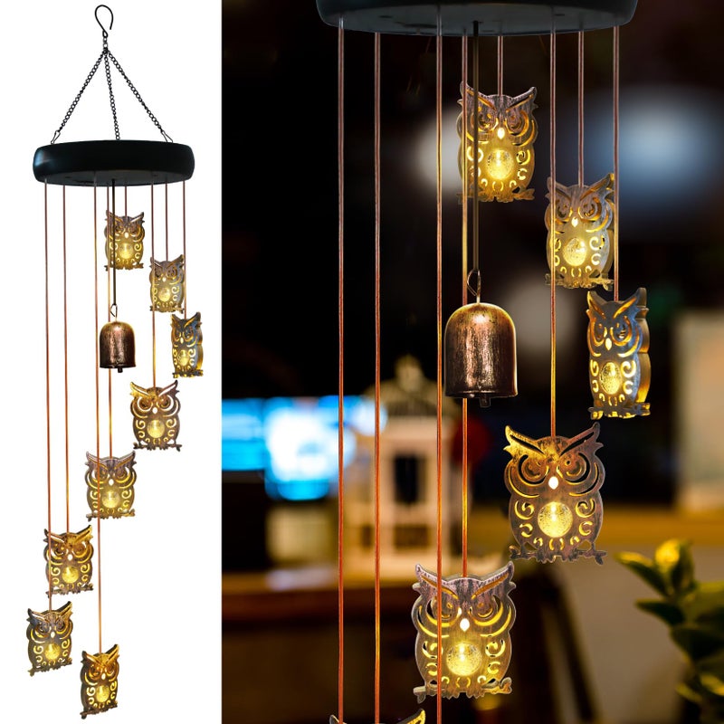 esgarden 8 LED Solar Upgrade Owl Wind Chimes Outdoor,Mom Gifts for Mothers Day Grandma Wife Gift Solar Owl Wind Chimes for Outside,Hanging Lights Warm LED,Outdoor Owl Decor Christmas - Image 1